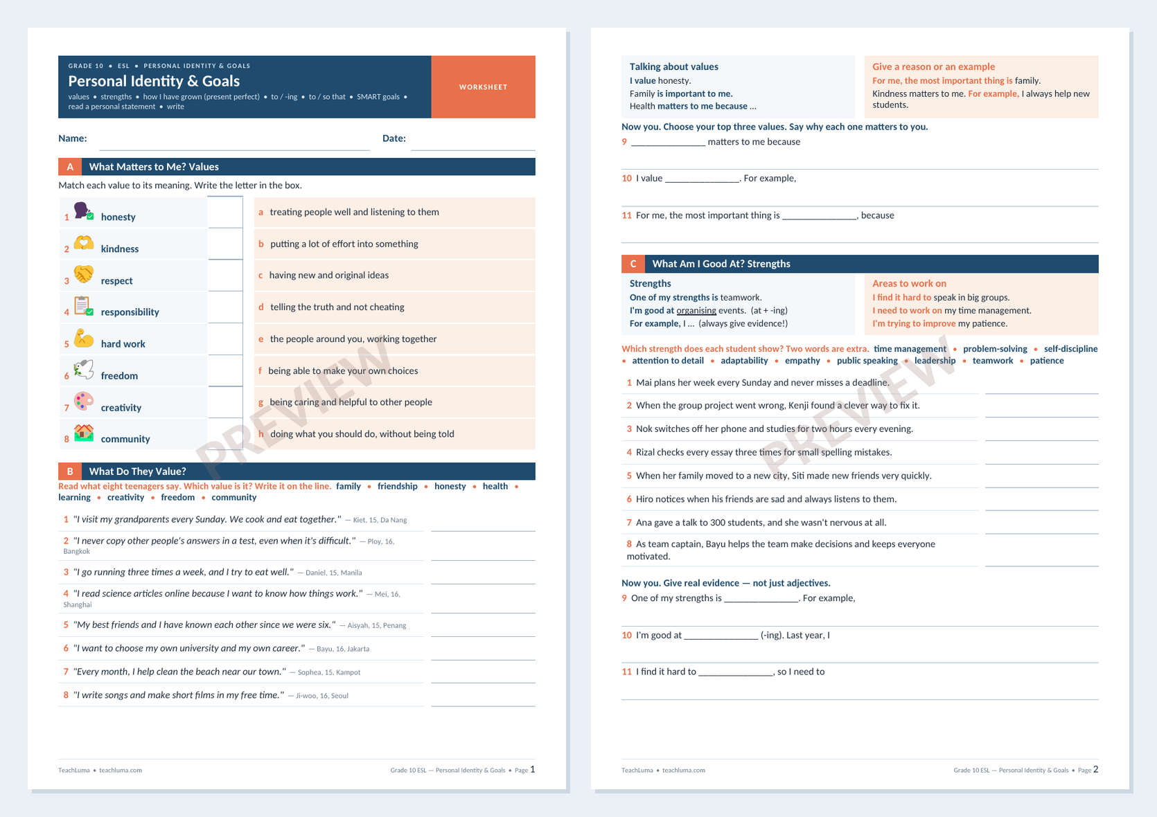 Preview 2 of Grade 10 ESL — Personal Identity & Goals — Complete Lesson Pack