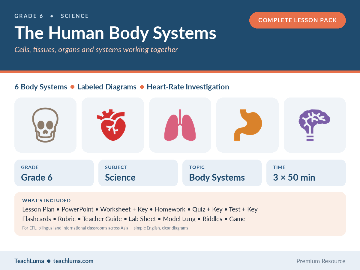 Grade 6 Science Complete Lesson Pack: The Human Body Systems — Organs, Systems, Diagrams and a Heart-Rate Investigation