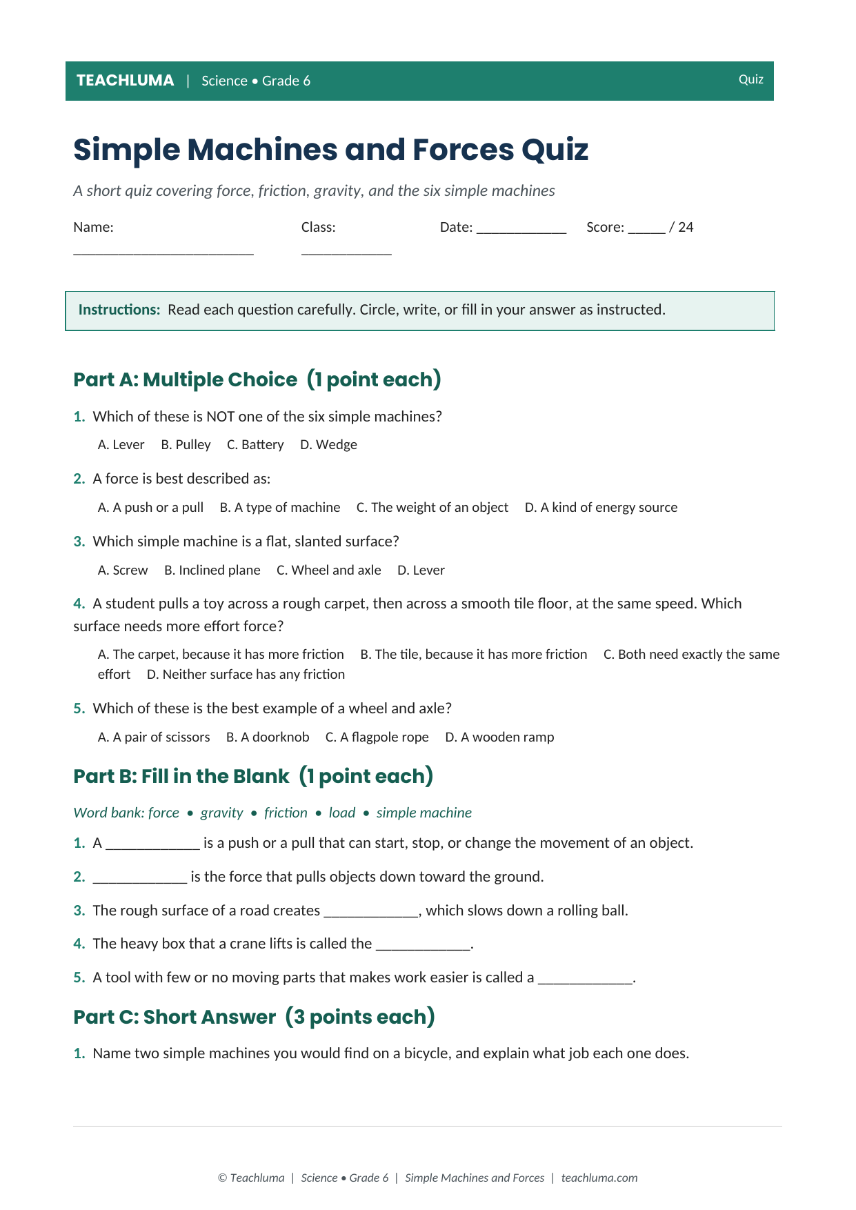 Preview 3 of Grade 6 Simple Machines and Forces — Complete Topic Bundle