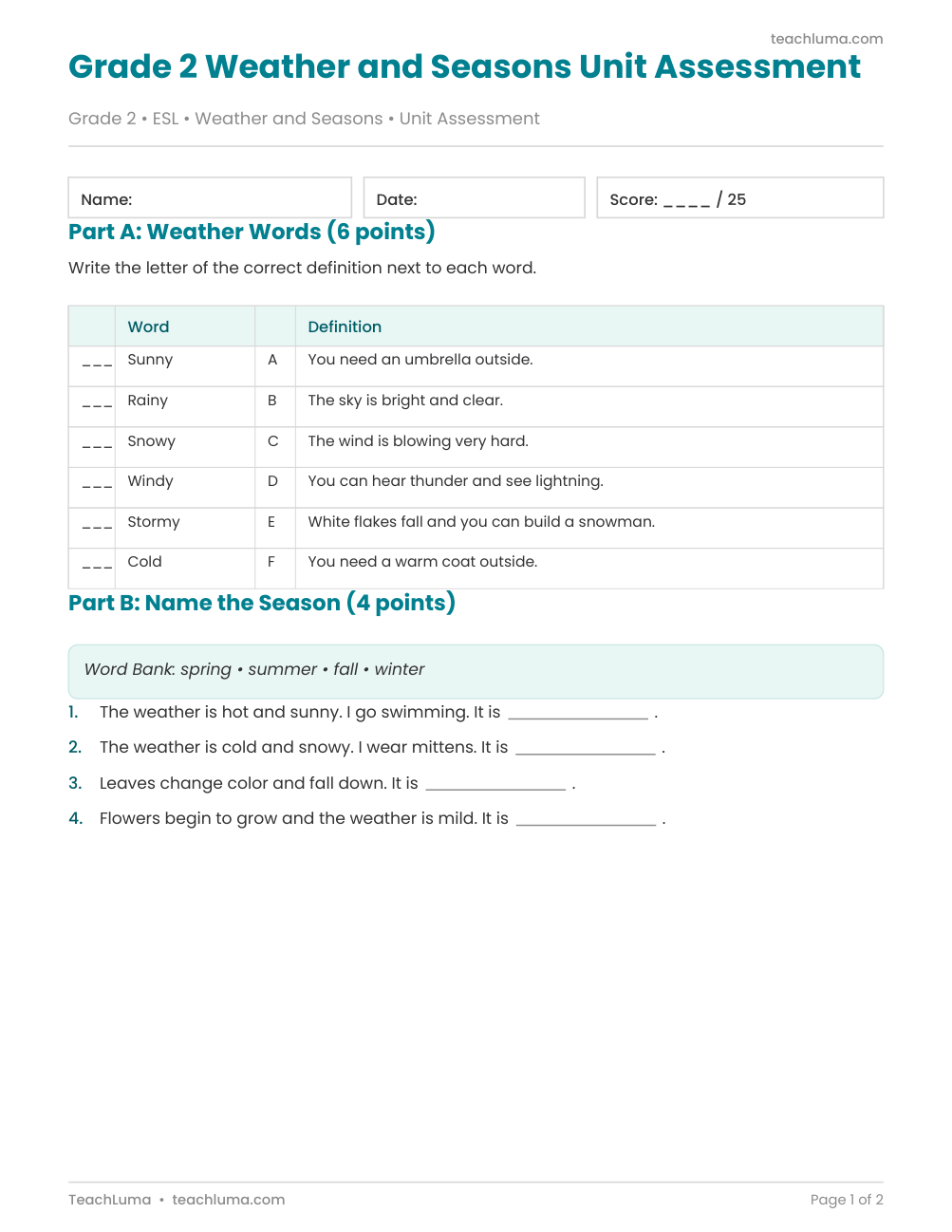 Preview 5 of Grade 2 Weather and Seasons Complete Topic Bundle