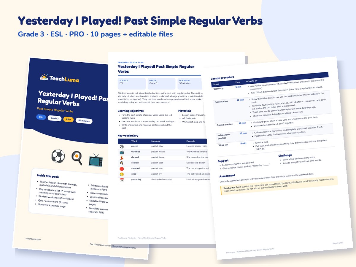 Preview of Yesterday I Played! Past Simple Regular Verbs