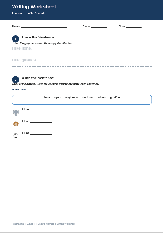 Grade 1 Animal Sentence Writing Worksheet | Free PDF