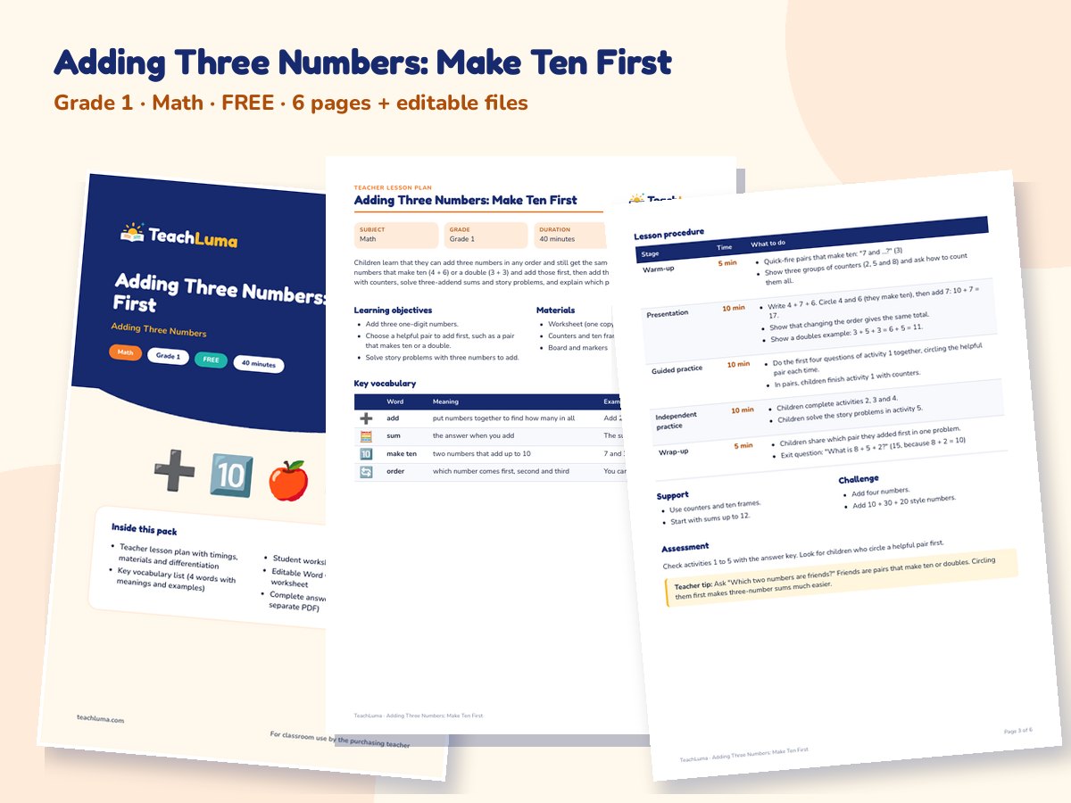 Preview of Adding Three Numbers: Make Ten First