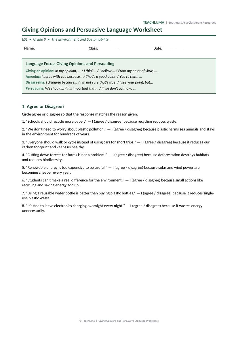 Grade 9 Giving Opinions and Persuasive Language Worksheet