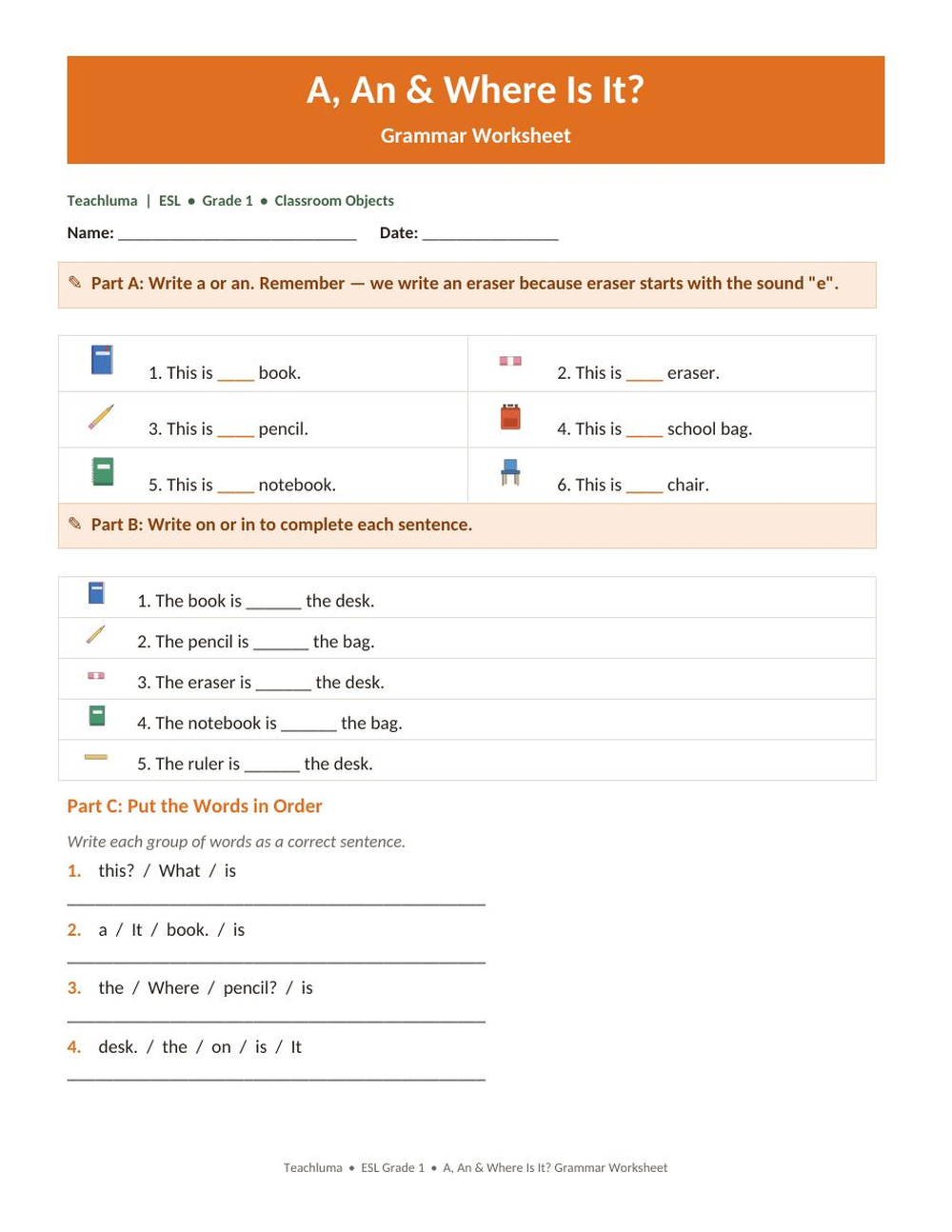 A, An & Where Is It? — Grammar Worksheet