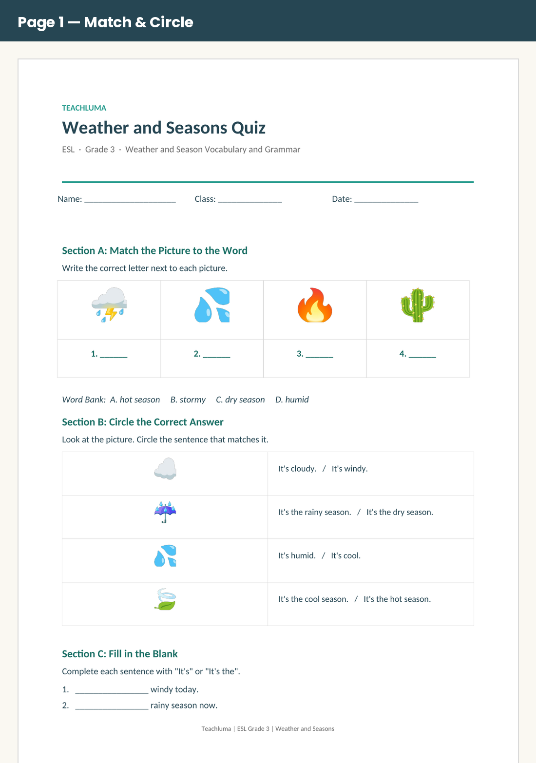 Grade 3 Weather and Seasons Quiz
