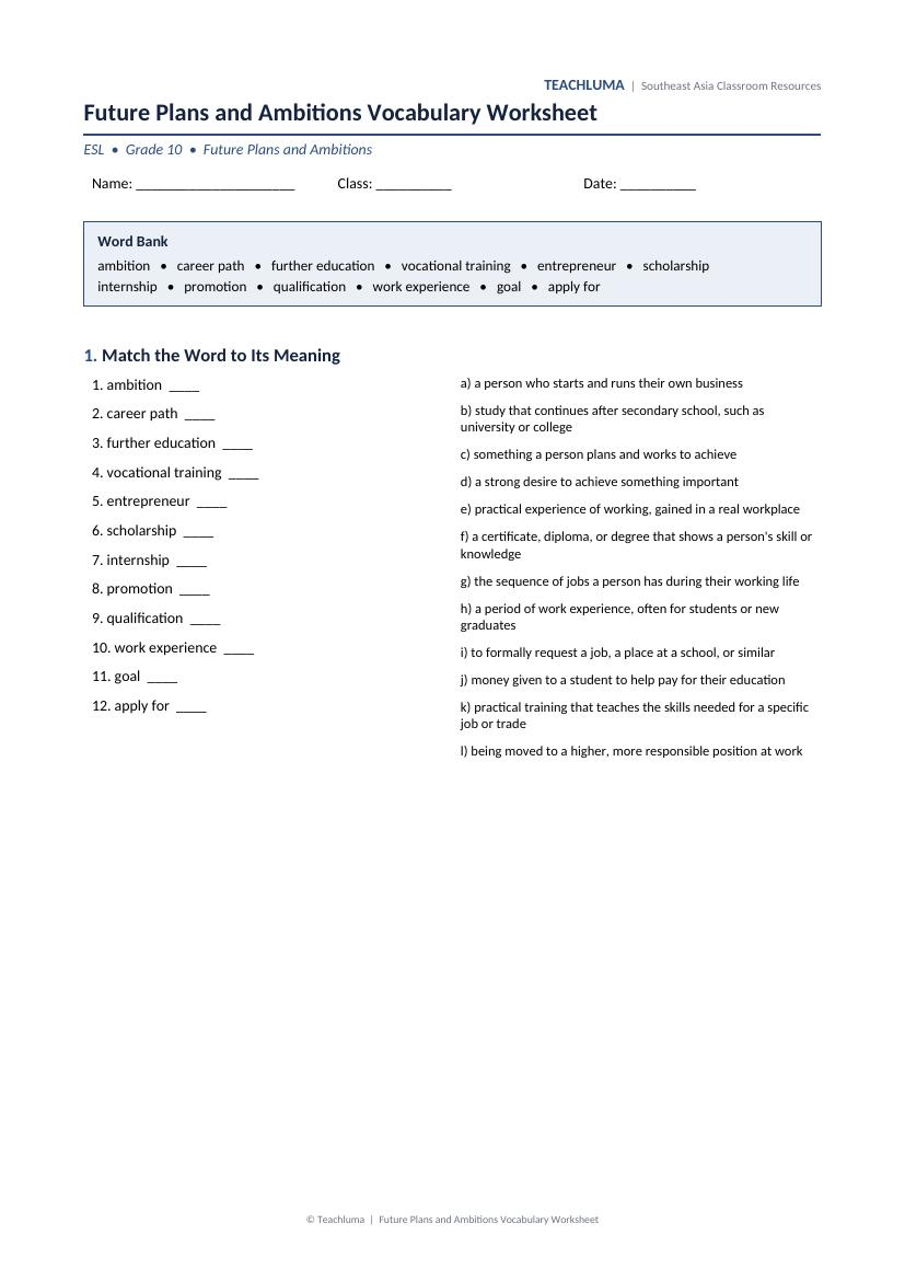 Grade 10 Future Plans and Ambitions Vocabulary Worksheet