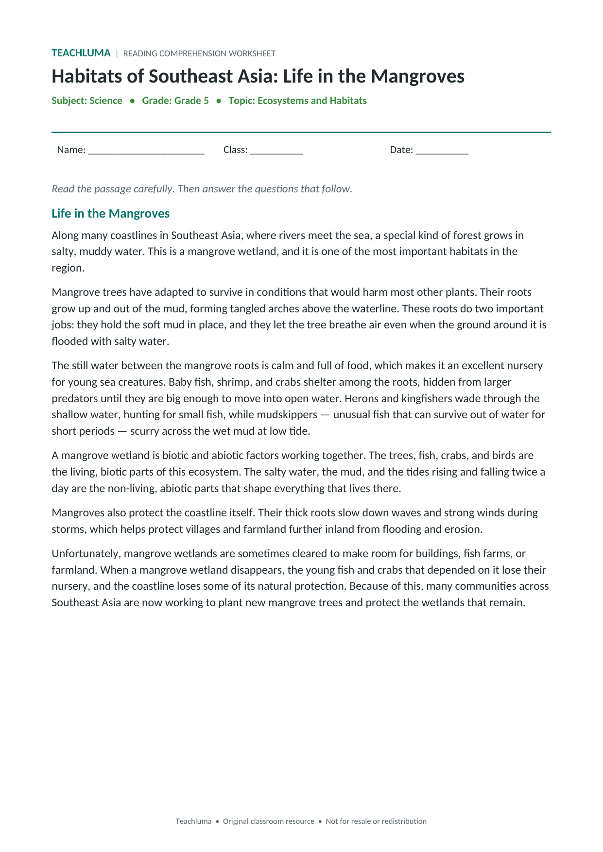 Grade 5 Habitats of Southeast Asia Reading Comprehension Worksheet