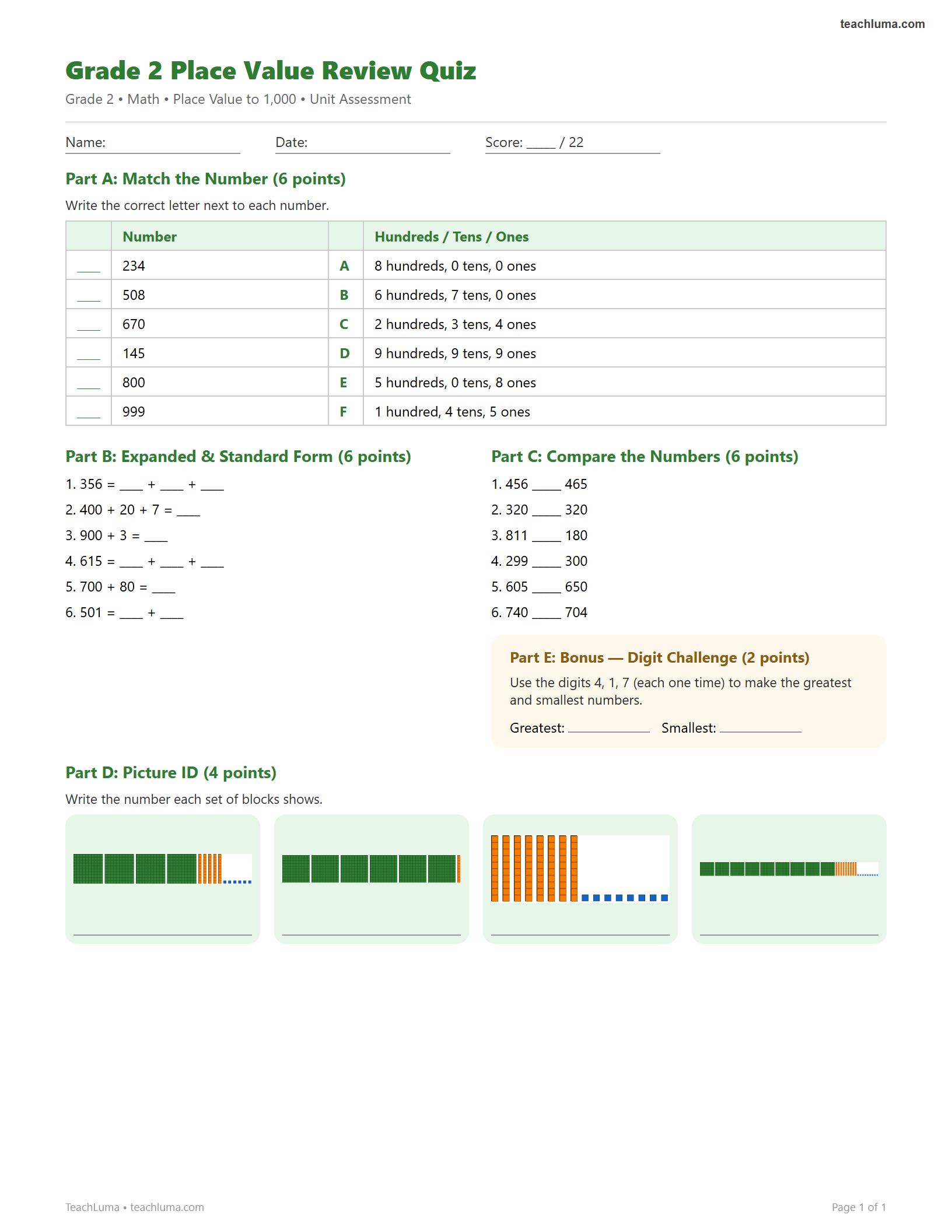 Preview of Grade 2 Place Value Review Quiz