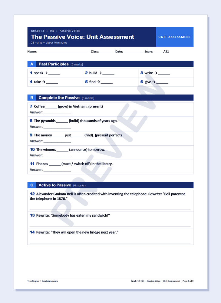 Preview of Grade 10 ESL Unit Assessment: The Passive Voice (21 Marks)