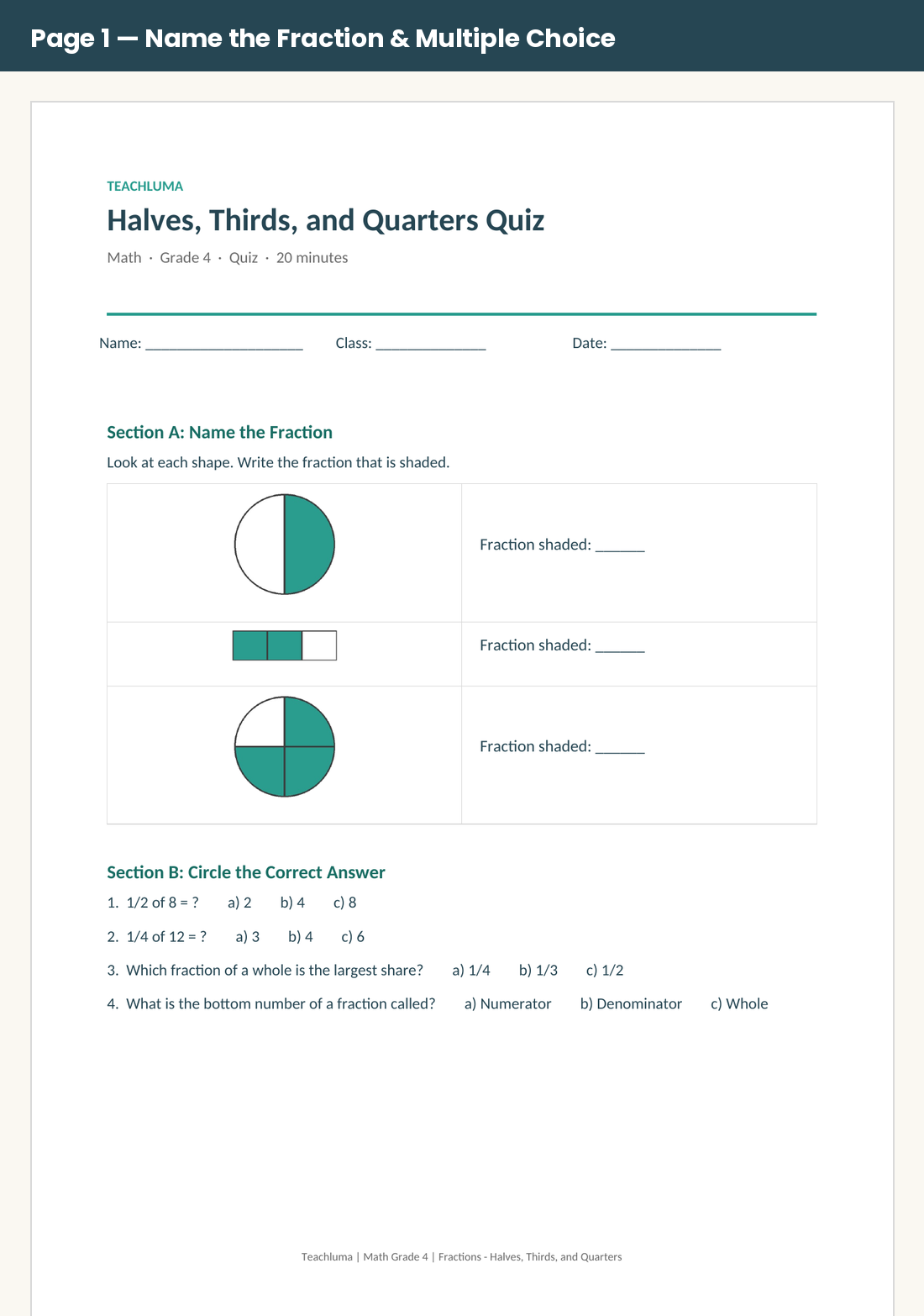 Grade 4 Halves, Thirds, and Quarters Quiz
