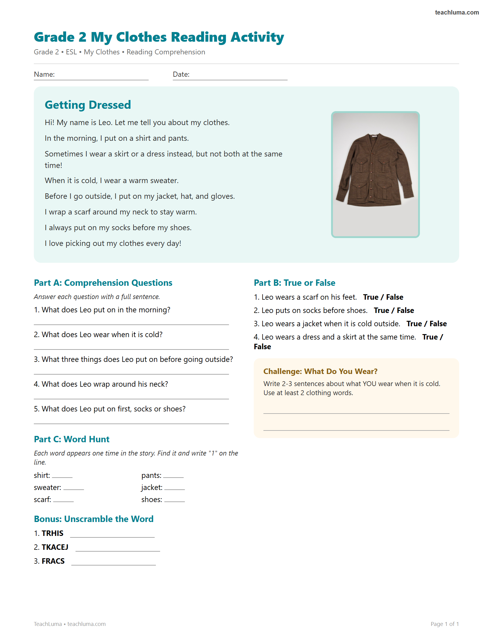 Preview of Grade 2 My Clothes Reading Activity