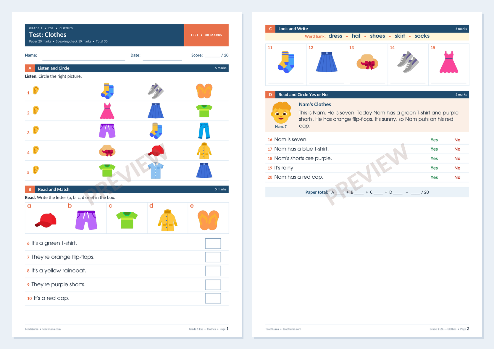 Preview of Grade 1 ESL Test: Clothes — Paper and Speaking Check (30 Marks)