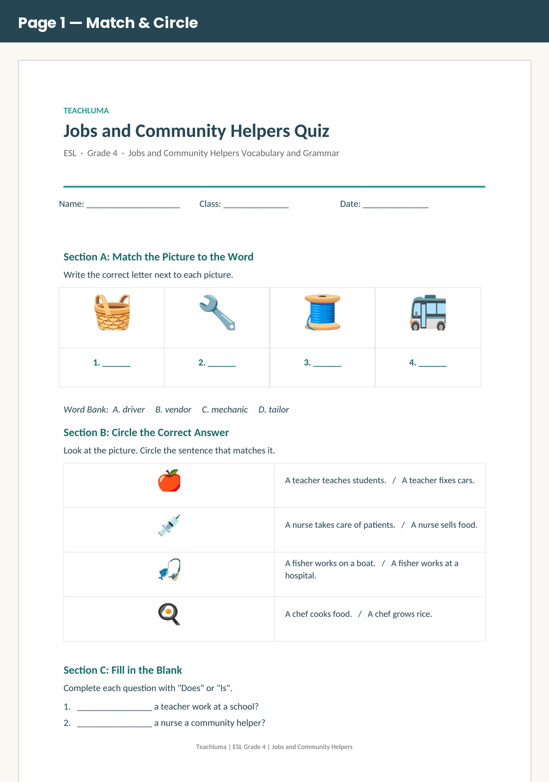 Grade 4 Jobs and Community Helpers Quiz