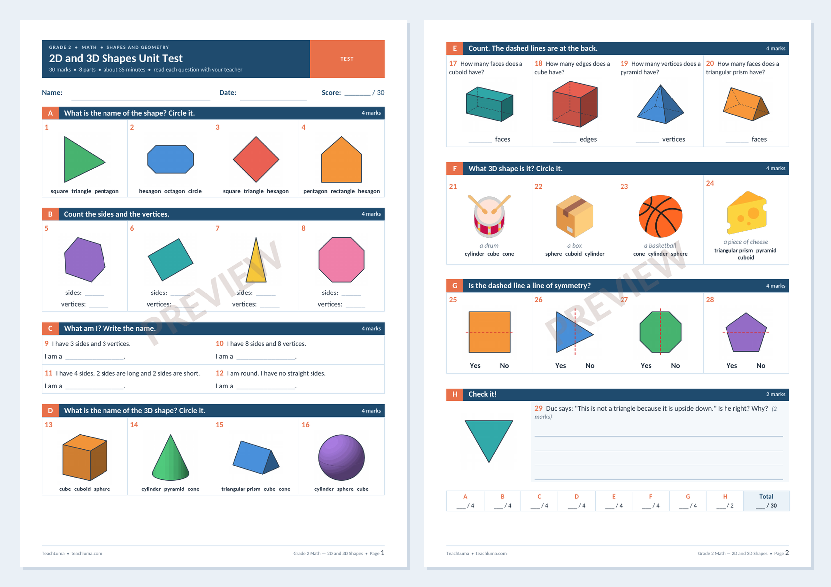Preview of Grade 2 Math Unit Test: 2D and 3D Shapes (30 Marks)