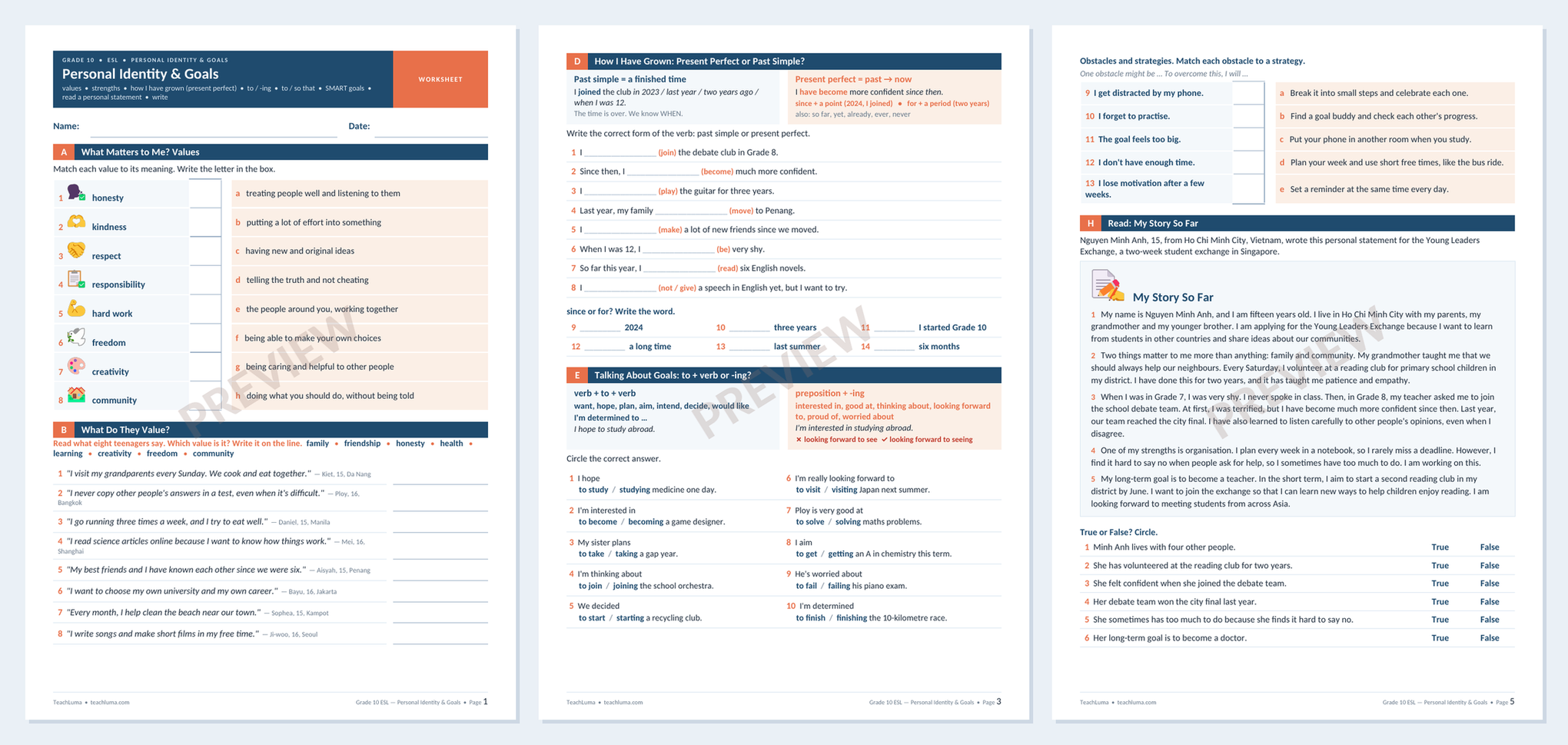 Preview of Grade 10 ESL Personal Identity & Goals Worksheet + Homework and Answer Key