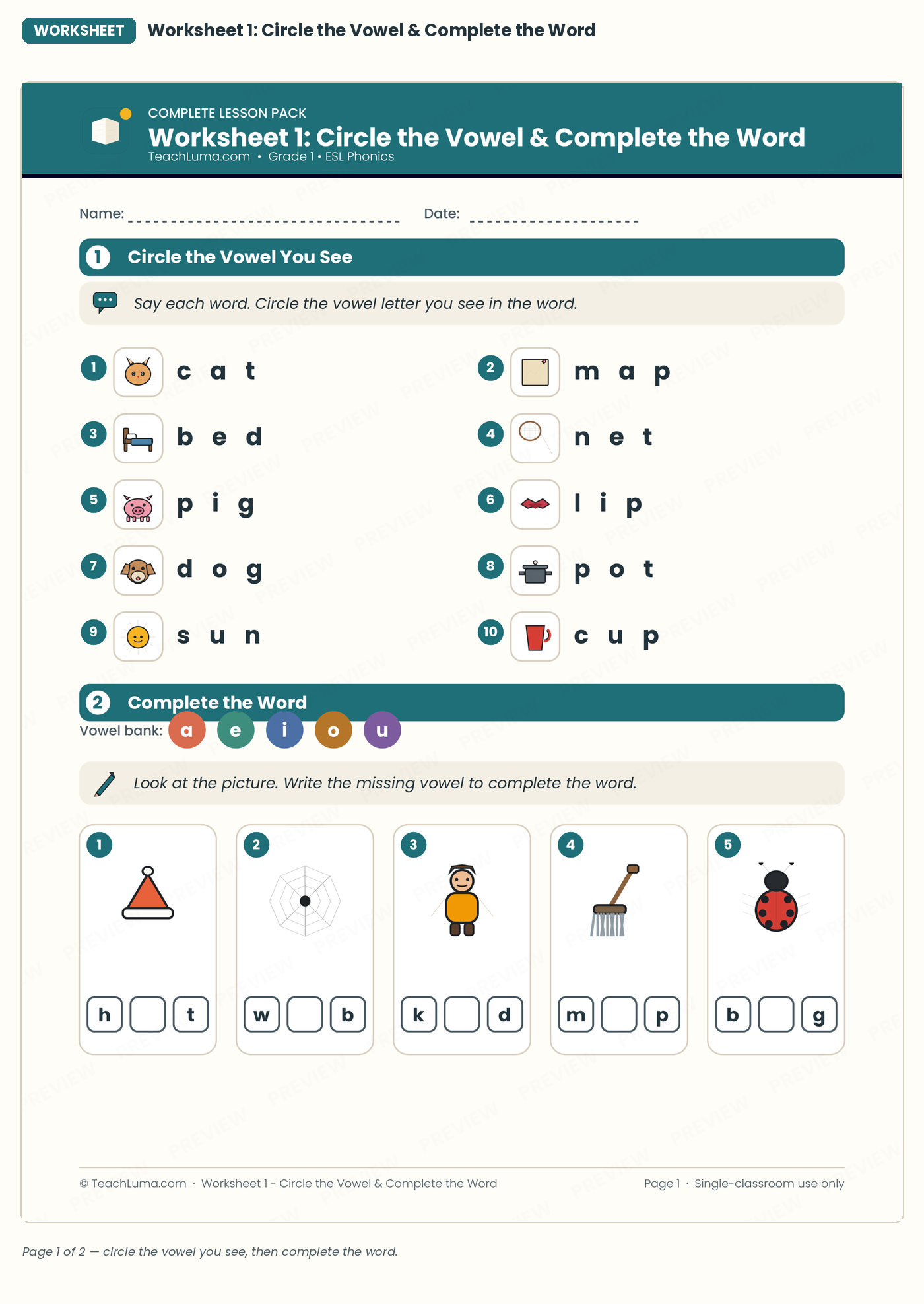Preview of Grade 1 Worksheet 1: Circle the Vowel & Complete the Word