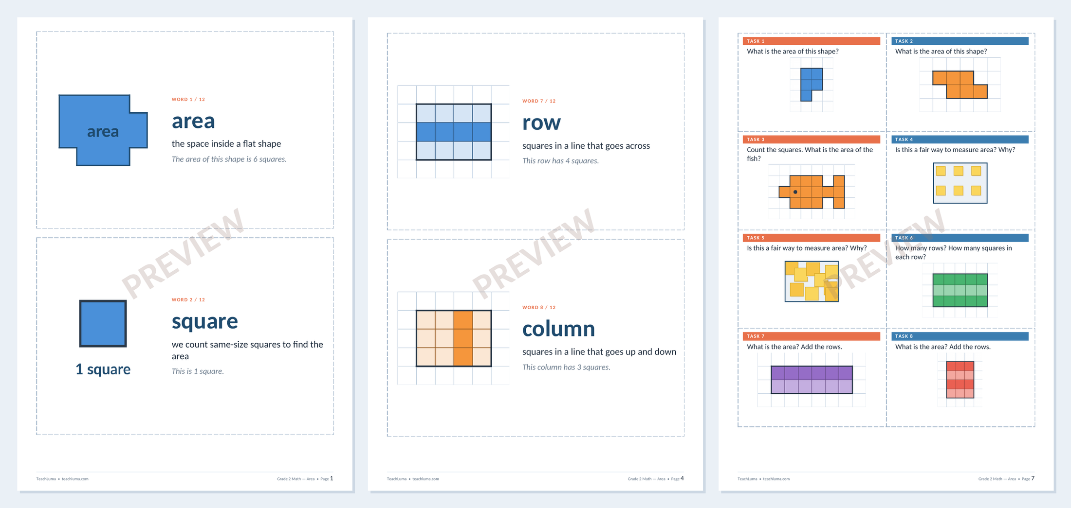 Preview of Grade 2 Math Flashcards and Task Cards: Area