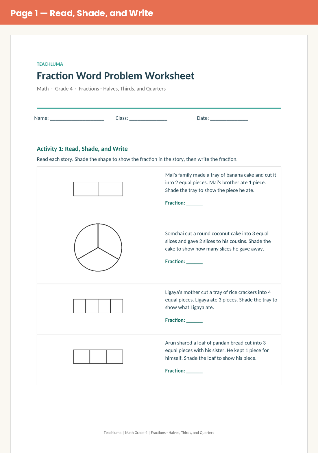 Grade 4 Fraction Word Problem Worksheet: Sharing Food and Objects Fairly