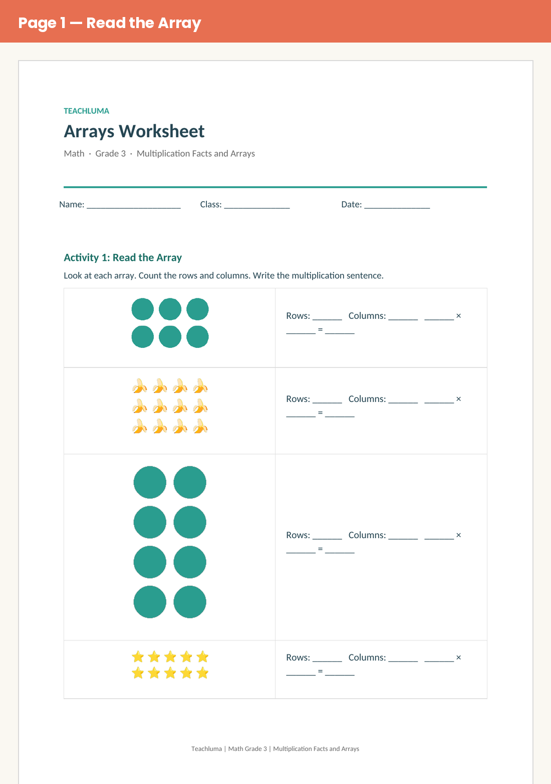Grade 3 Arrays Worksheet: Read, Draw, and Match