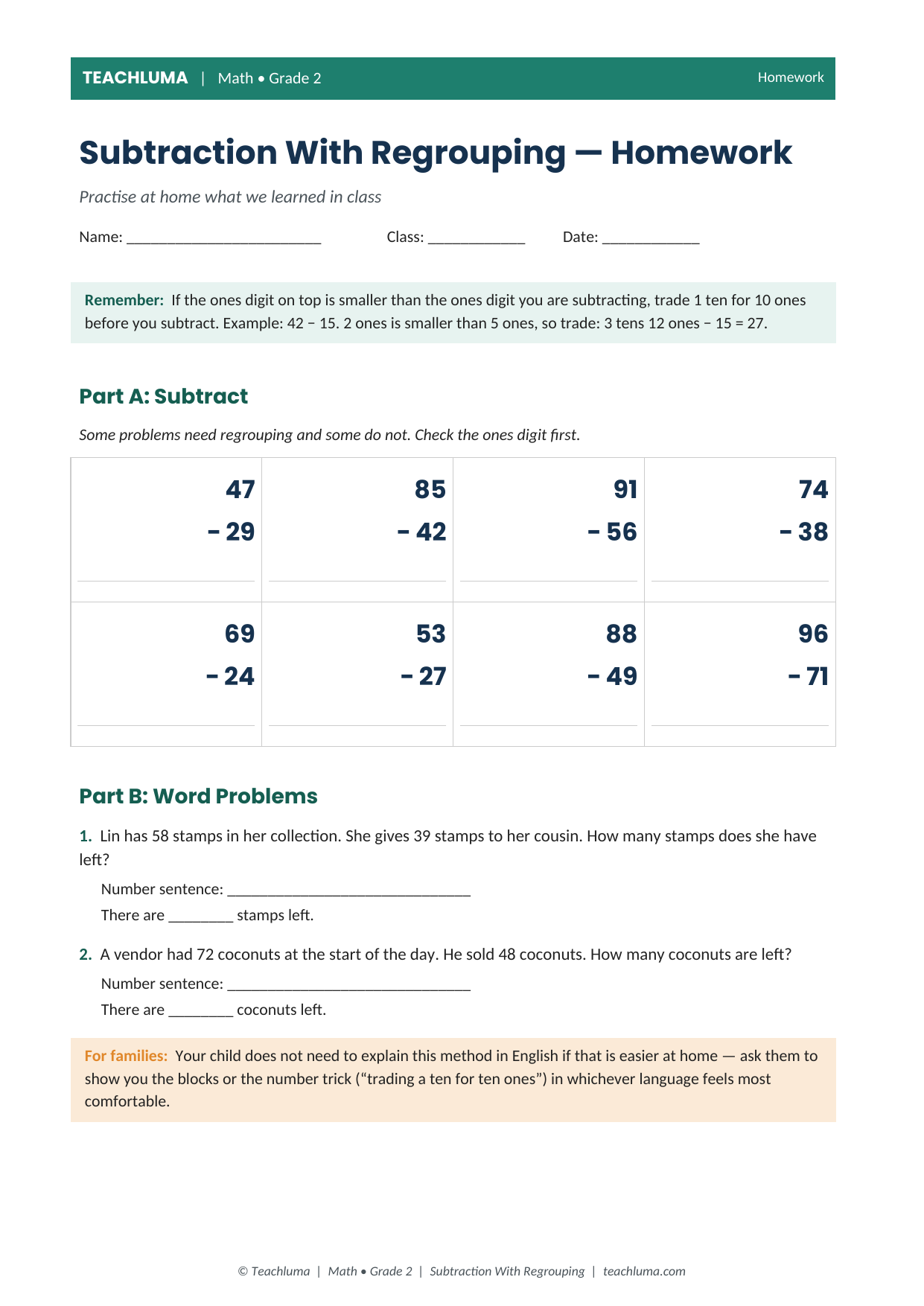 Grade 2 Subtraction With Regrouping Homework