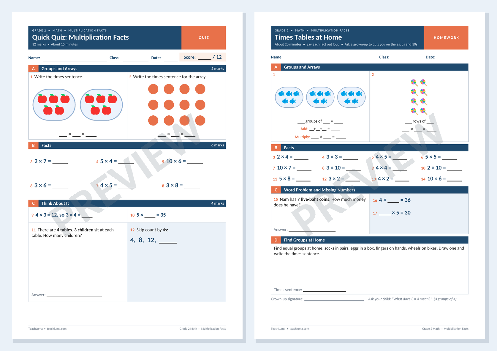 Preview of Grade 2 Math Quick Quiz: Multiplication Facts (12 Marks)