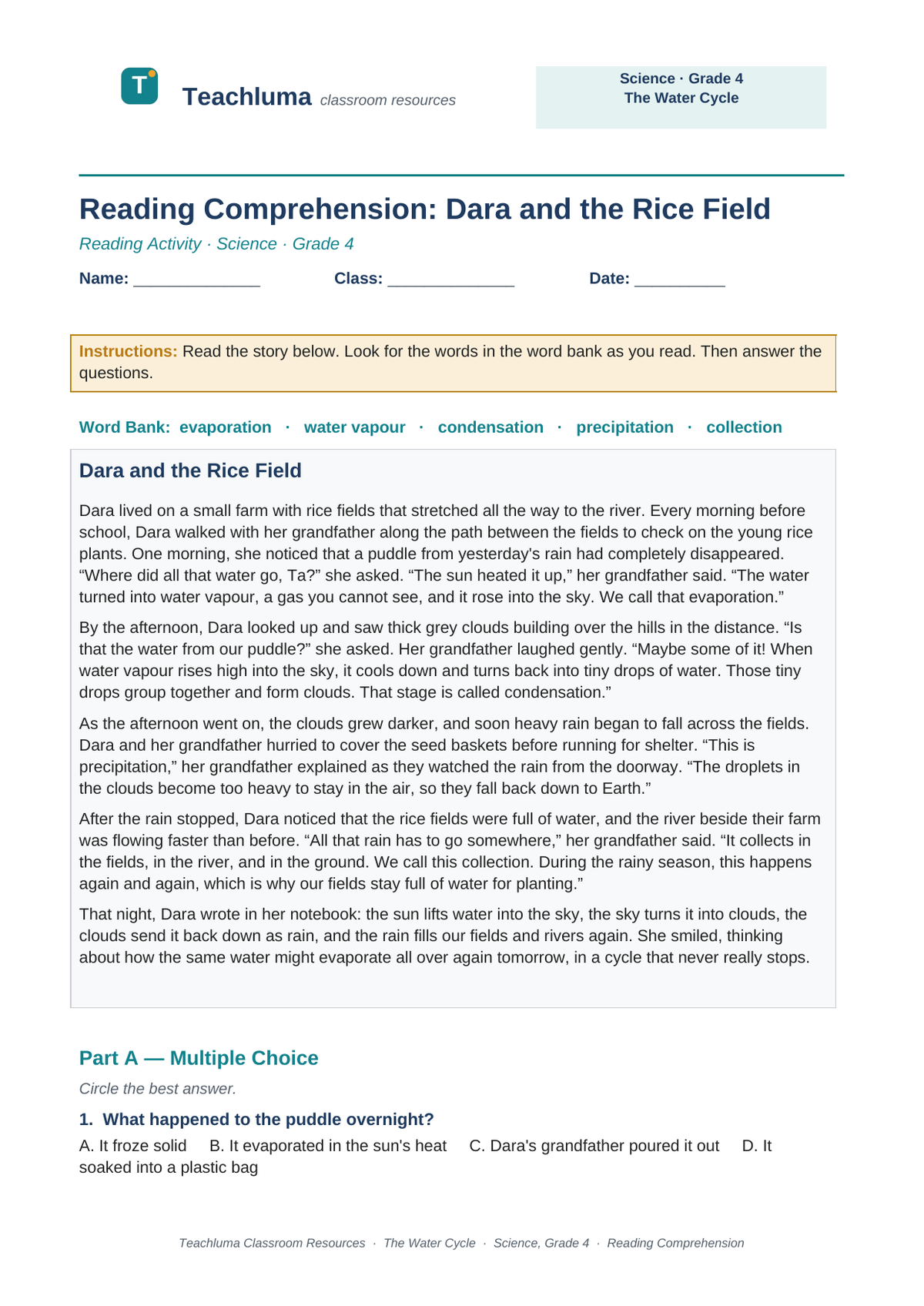 Grade 4 The Water Cycle Reading Comprehension: Dara and the Rice Field