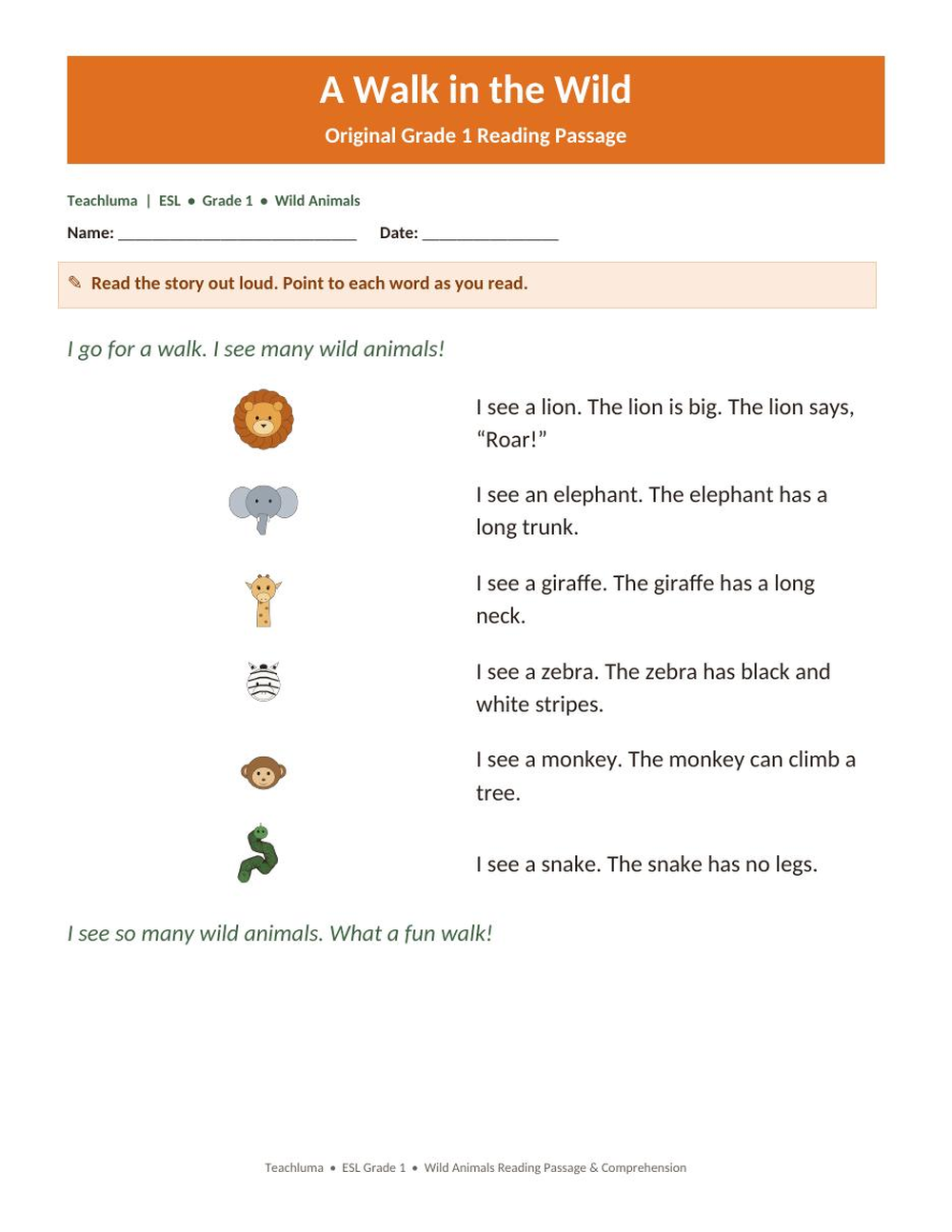 A Walk in the Wild — Reading Passage & Comprehension