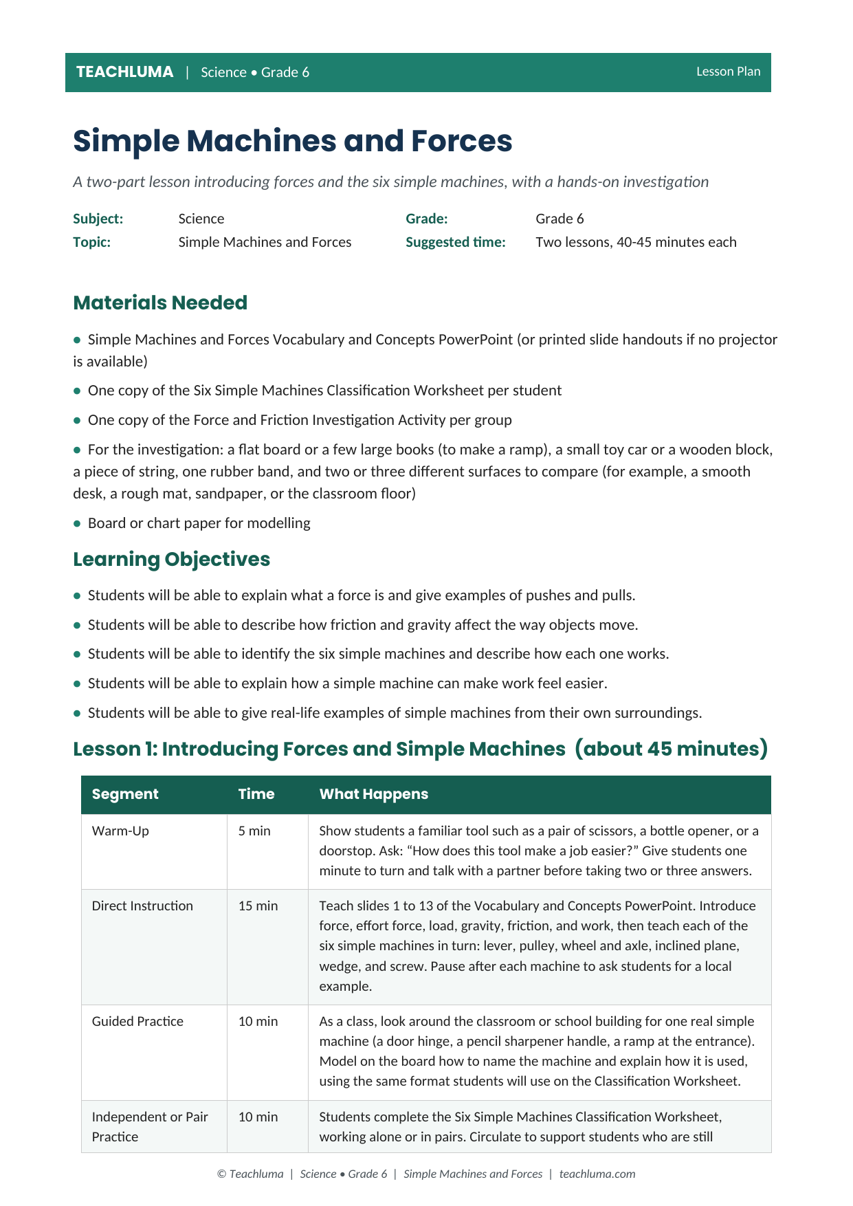 Grade 6 Simple Machines and Forces Lesson Plan