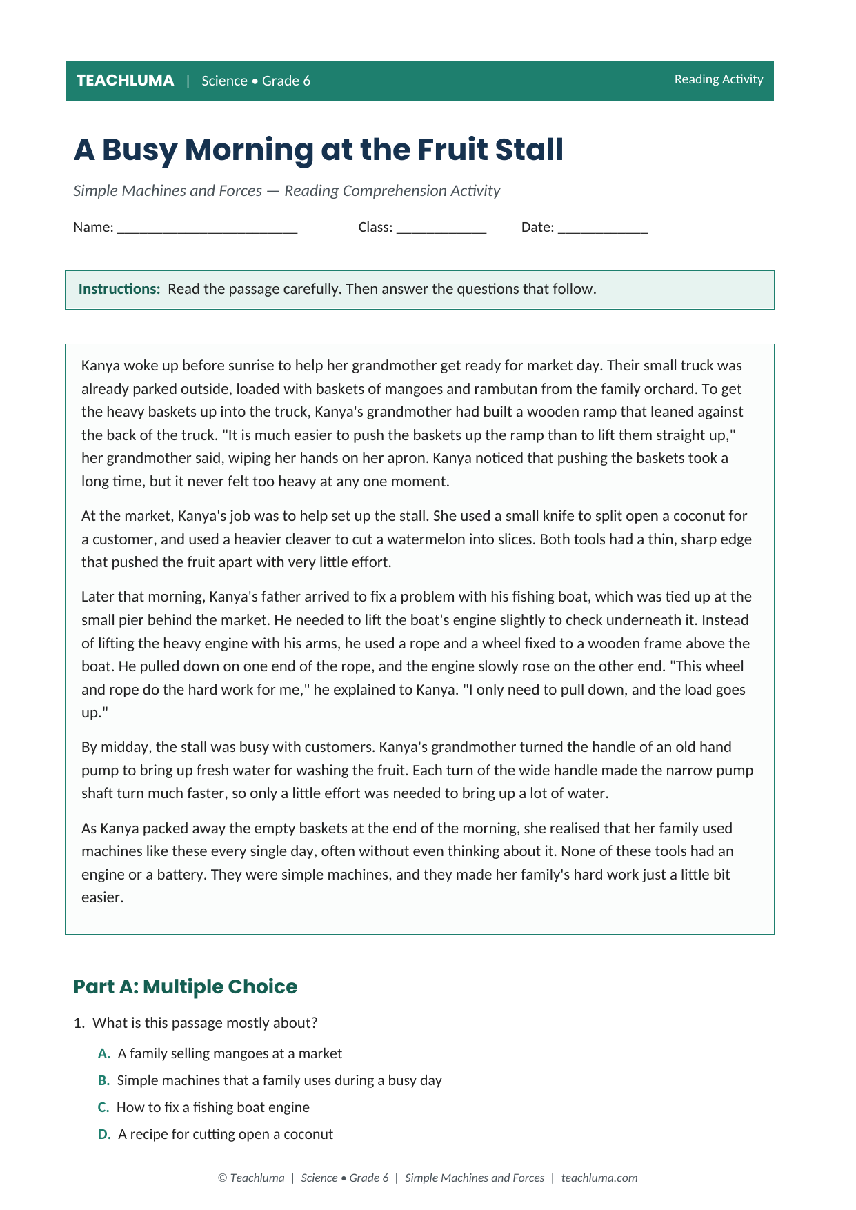 Grade 6 Simple Machines Reading Comprehension Activity