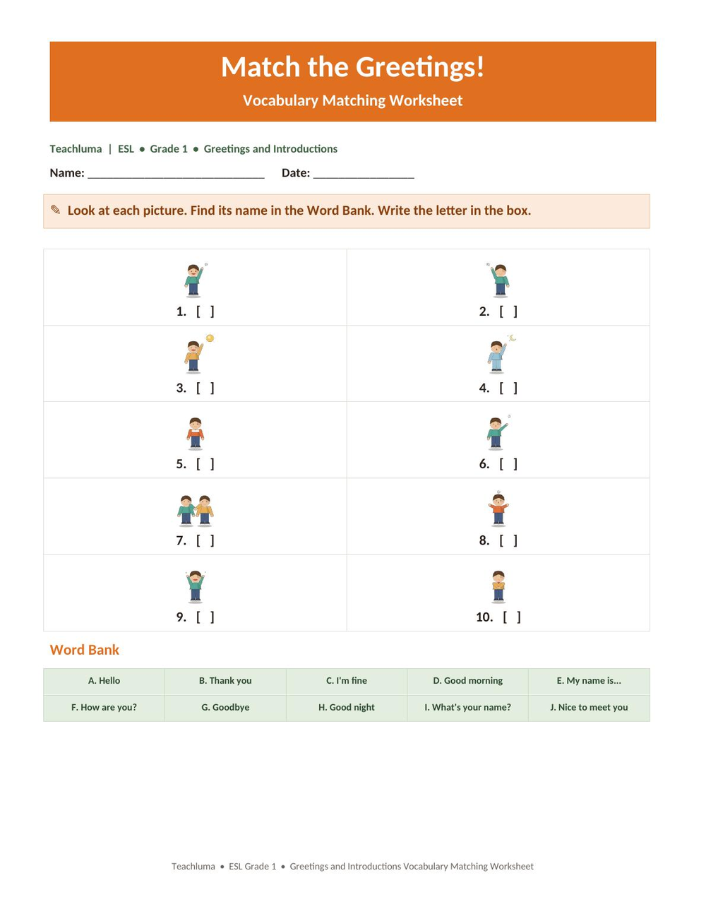 Greetings and Introductions — Vocabulary Matching Worksheet