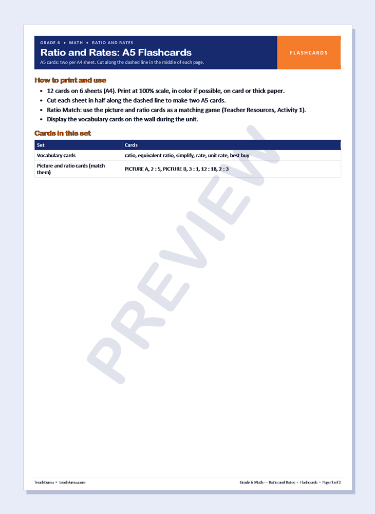 Preview of Grade 6 Math Flashcards: Ratio and Rates