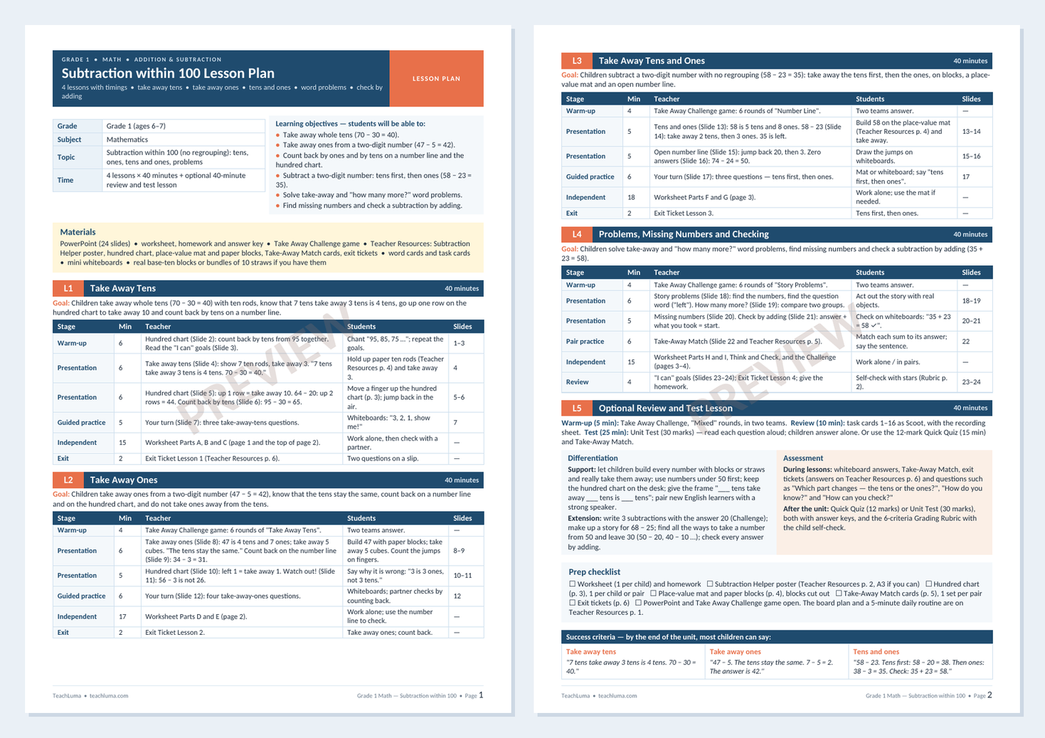 Preview of Grade 1 Math Lesson Plan: Subtraction within 100 — 4 Lessons with Timings