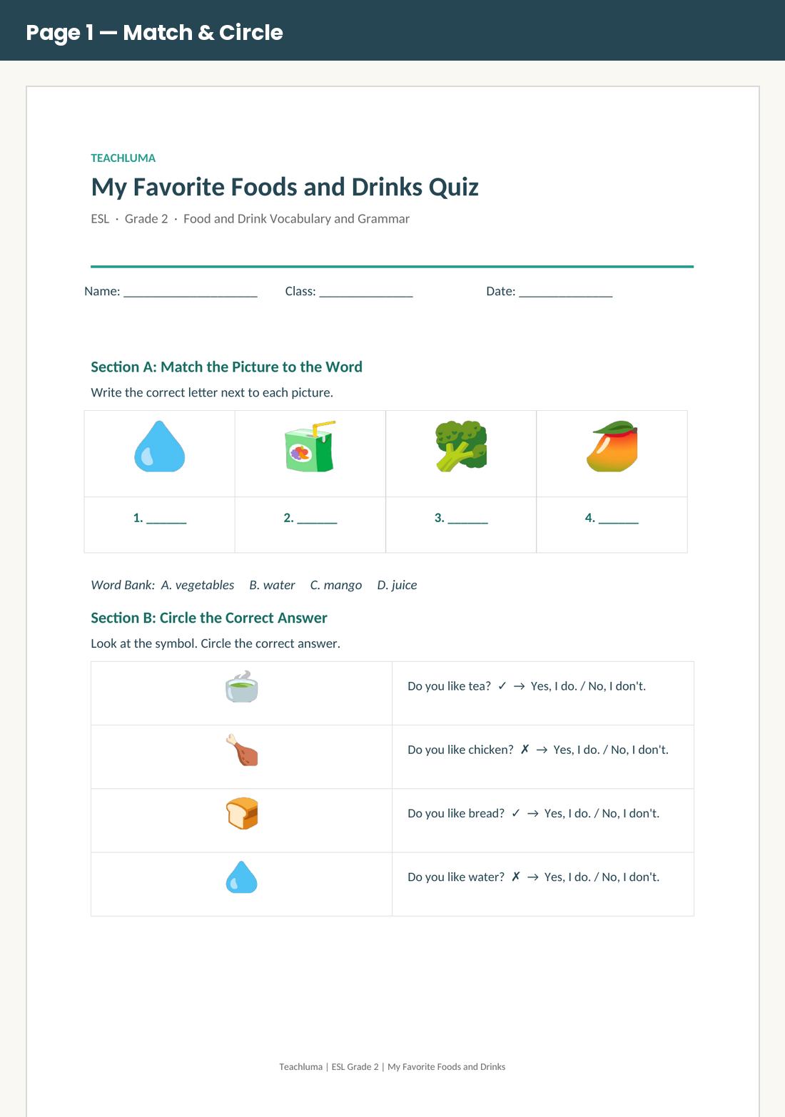 Grade 2 My Favorite Foods and Drinks Quiz