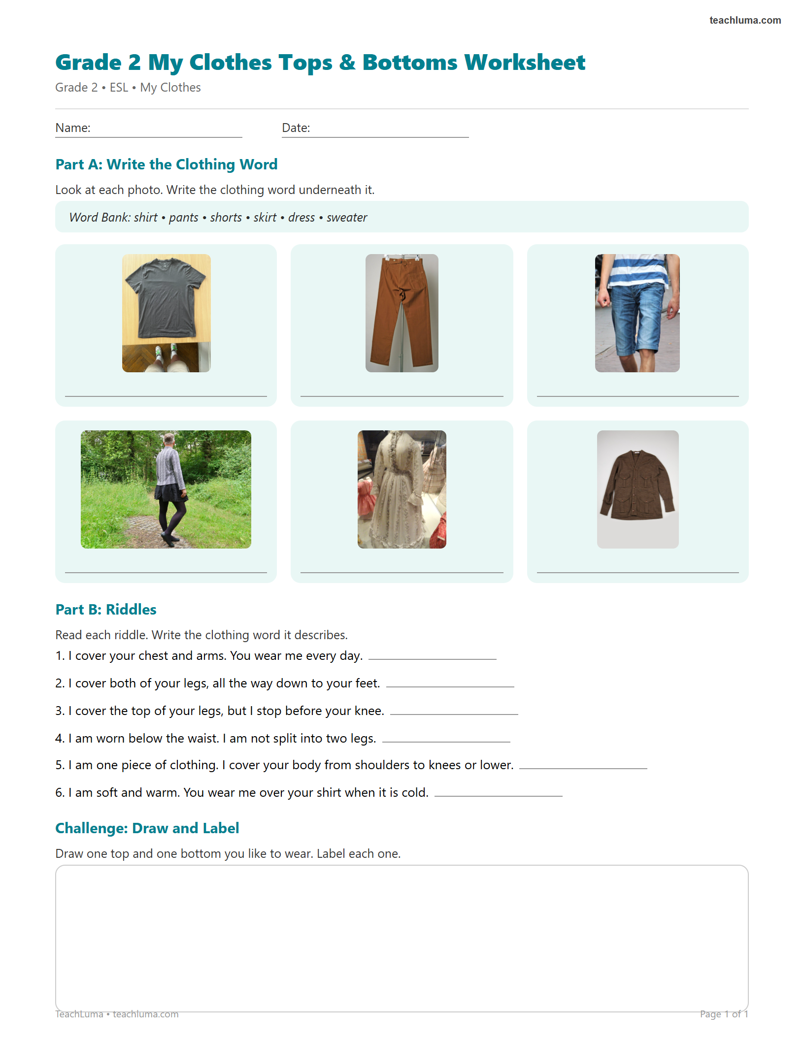Preview of Grade 2 My Clothes Tops and Bottoms Worksheet