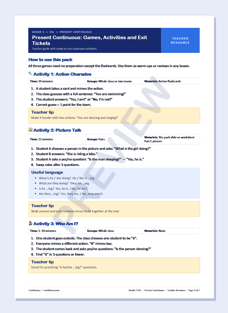 Preview of Grade 3 ESL Teacher Resources: Present Continuous — Games, Activities and Exit Tickets