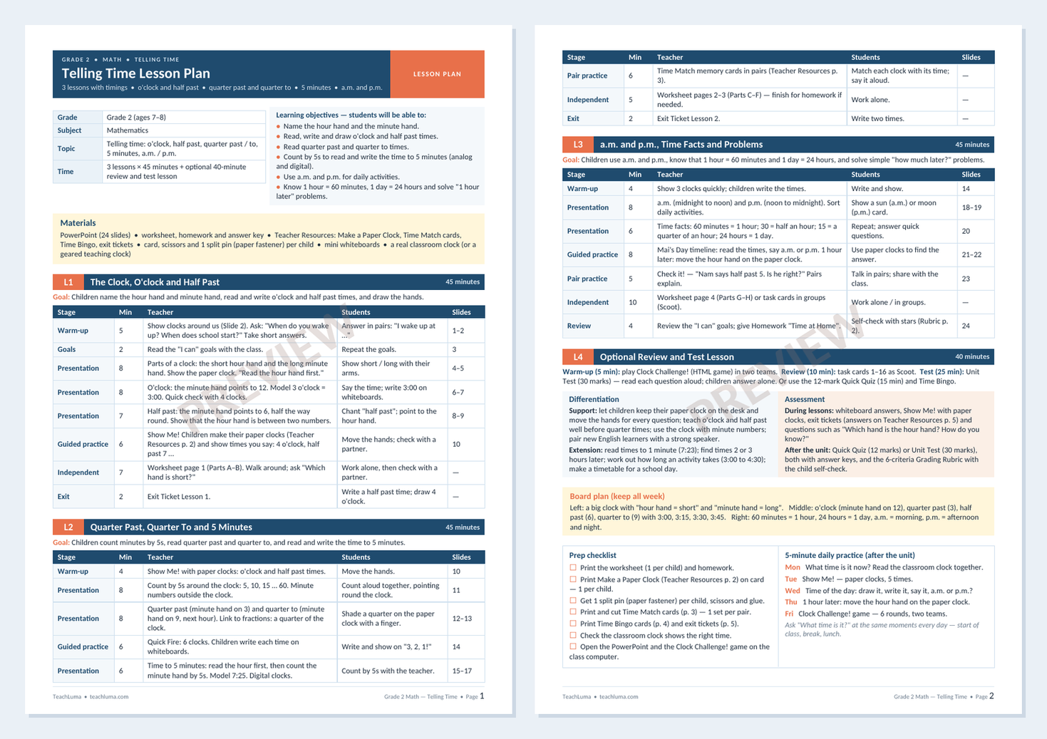 Preview of Grade 2 Math Lesson Plan: Telling Time — 3 Lessons with Timings