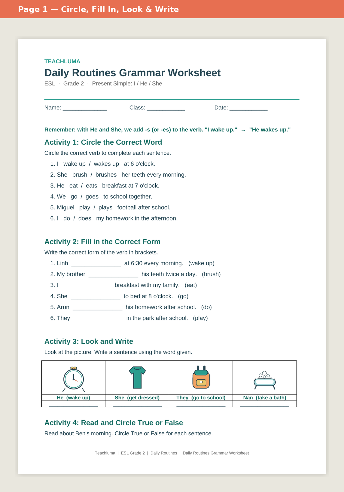 Grade 2 Daily Routines Grammar Worksheet: Present Simple I / He / She