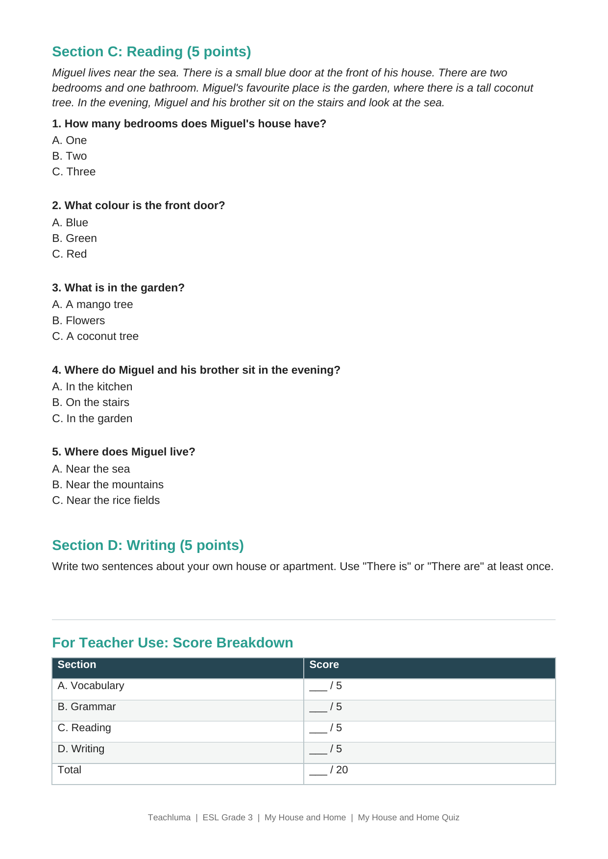 Grade 3 My House and Home Quiz