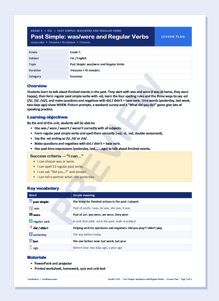 Preview of Grade 5 ESL Lesson Plan: Past Simple — was/were and Regular Verbs
