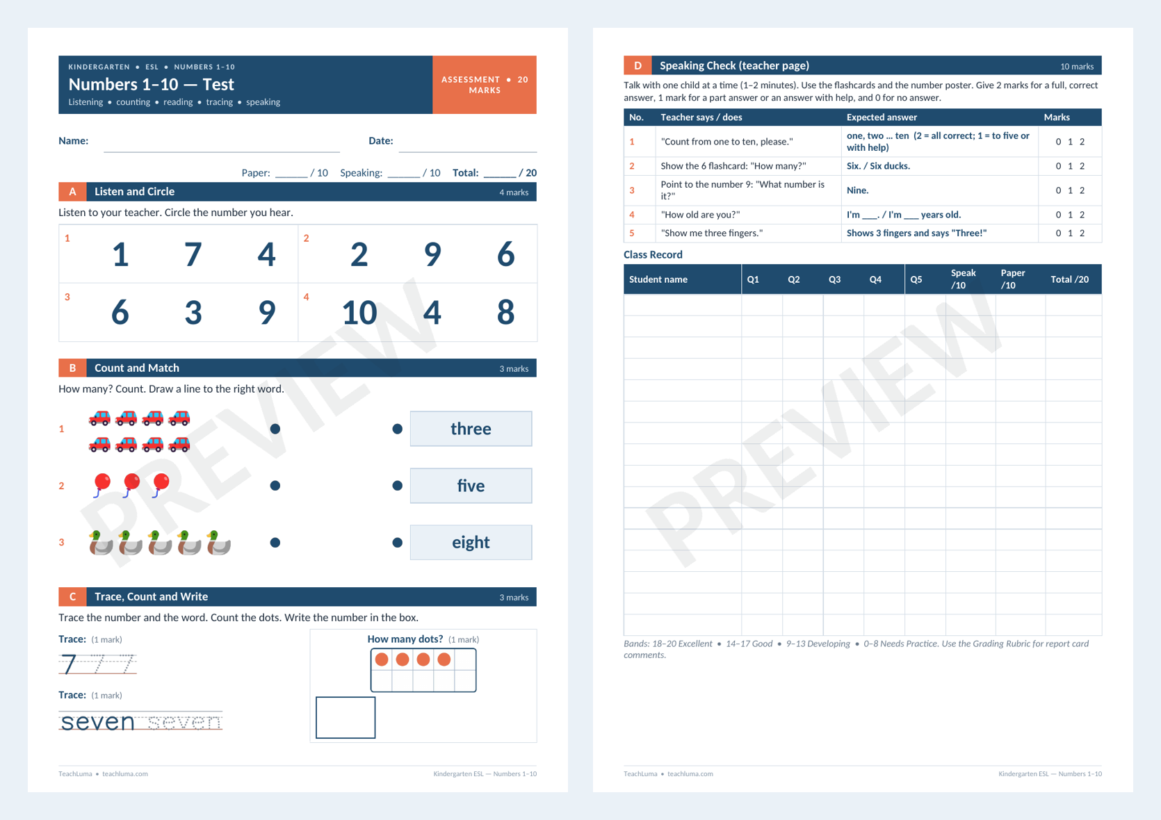 Preview of Kindergarten ESL Test: Numbers 1–10 — Paper and Speaking Check (20 Marks)
