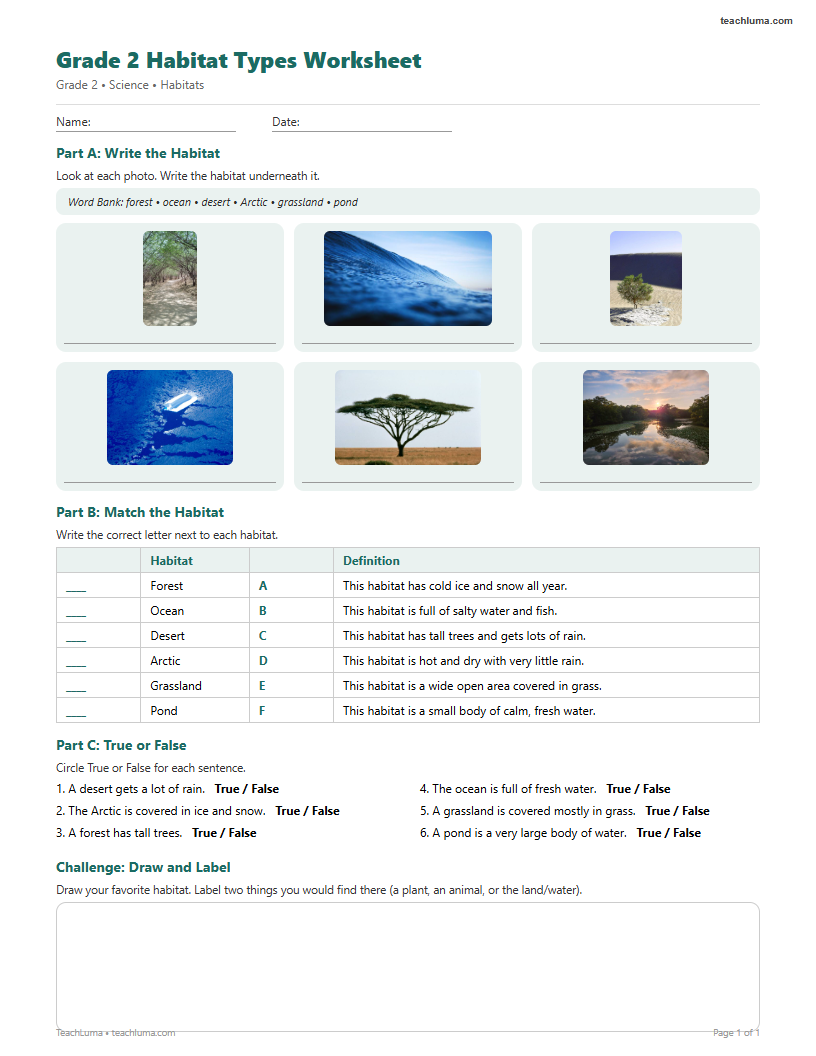 Preview of Grade 2 Habitat Types Worksheet