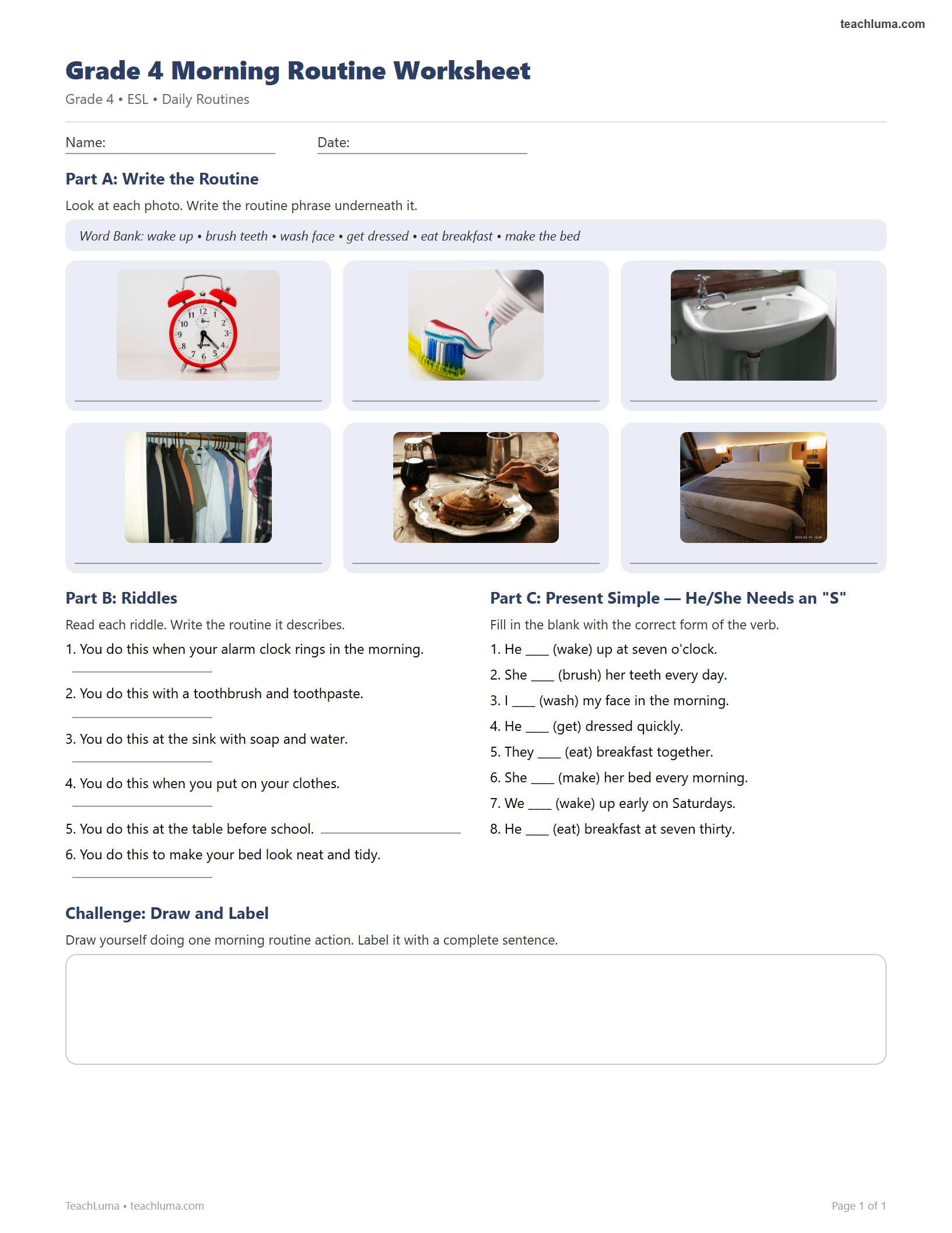 Preview of Grade 4 Morning Routine Worksheet
