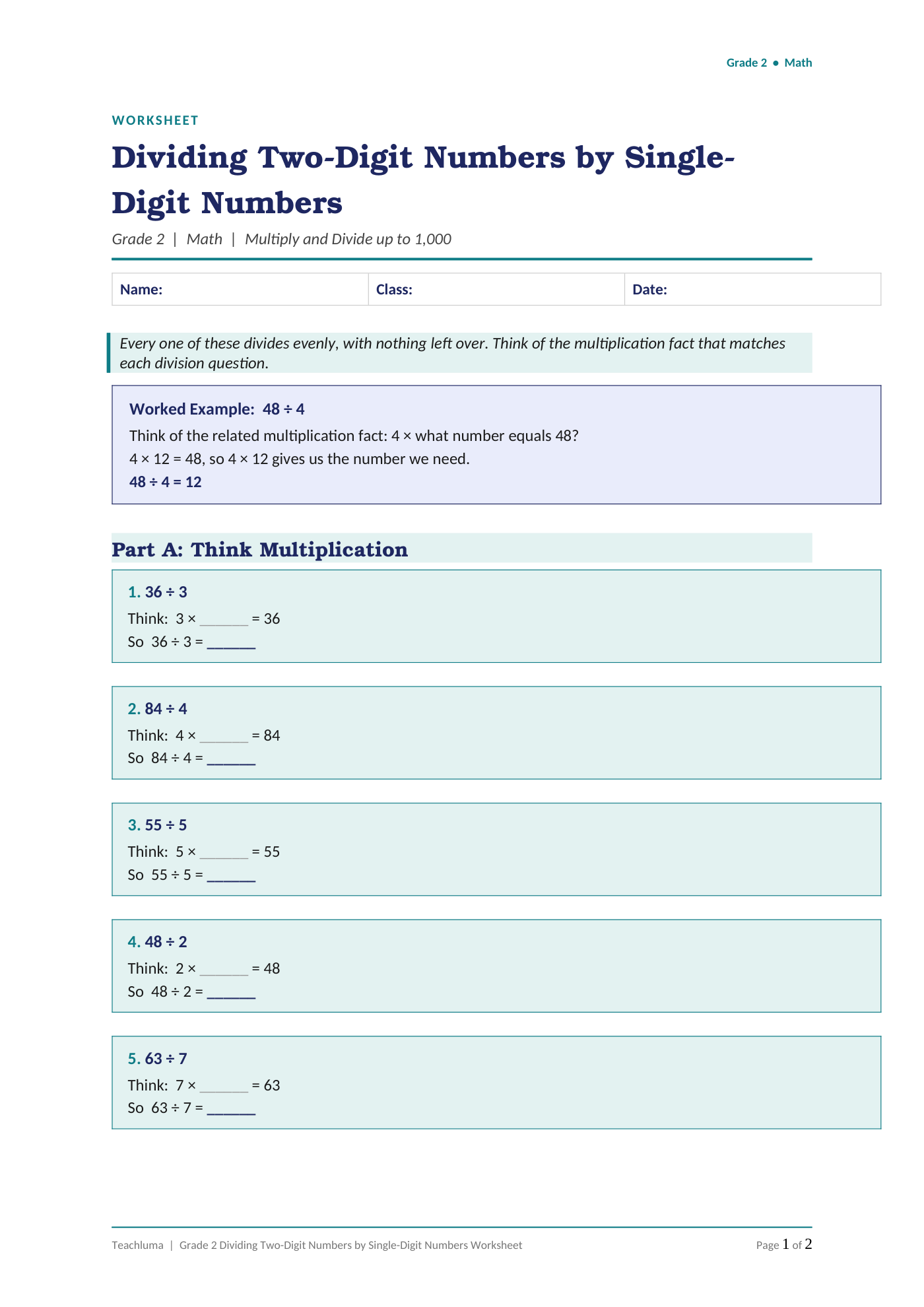 Grade 2 Dividing Two-Digit Numbers by Single-Digit Numbers Worksheet