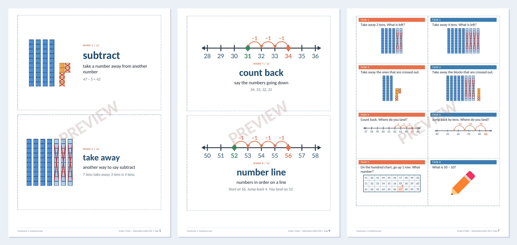 Preview of Grade 1 Math Flashcards and Task Cards: Subtraction within 100