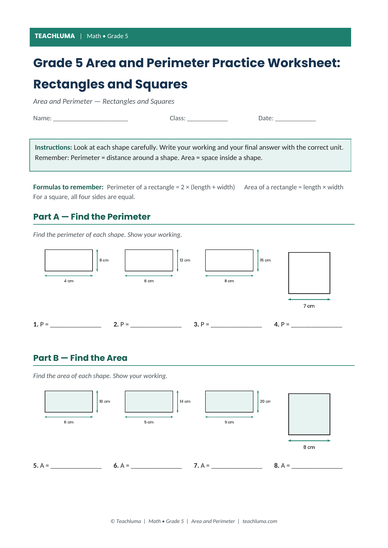Grade 5 Area and Perimeter Practice Worksheet: Rectangles and Squares