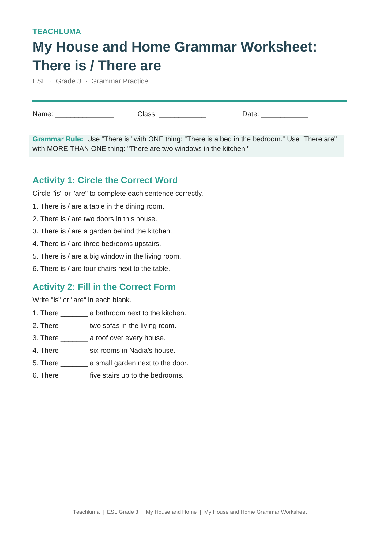 Grade 3 My House and Home Grammar Worksheet: There is / There are