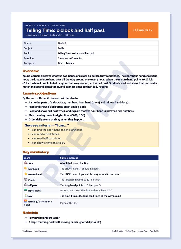 Preview of Grade 1 Math Lesson Plan: Telling Time — o'clock and half past