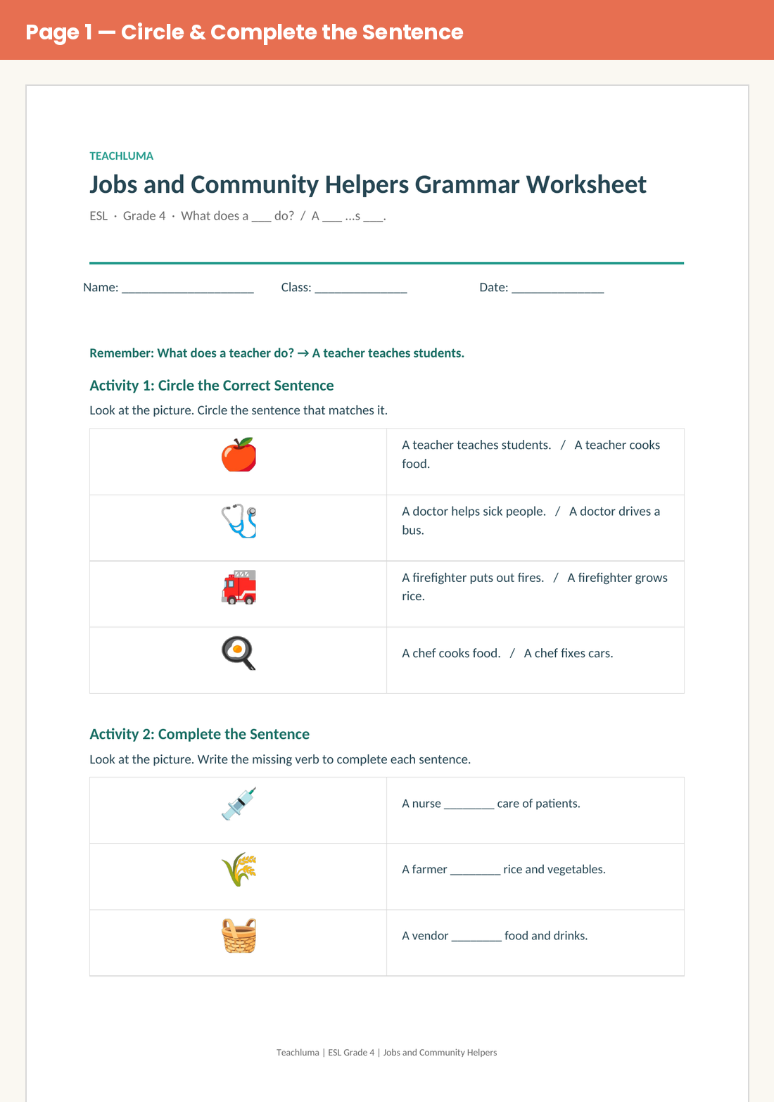 Grade 4 Jobs and Community Helpers Grammar Worksheet: What Does a ___ Do?