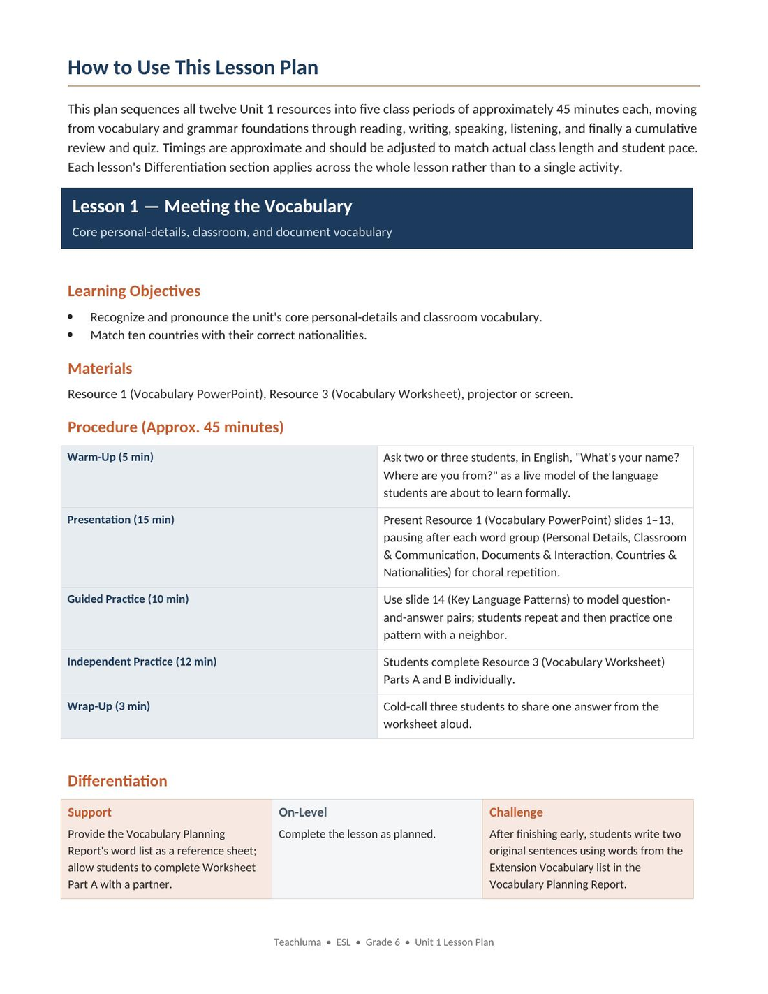 Unit 1 Lesson Plan — Personal Identity & Communication
